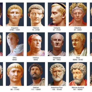 Statues of the early Roman emperors, with color added.